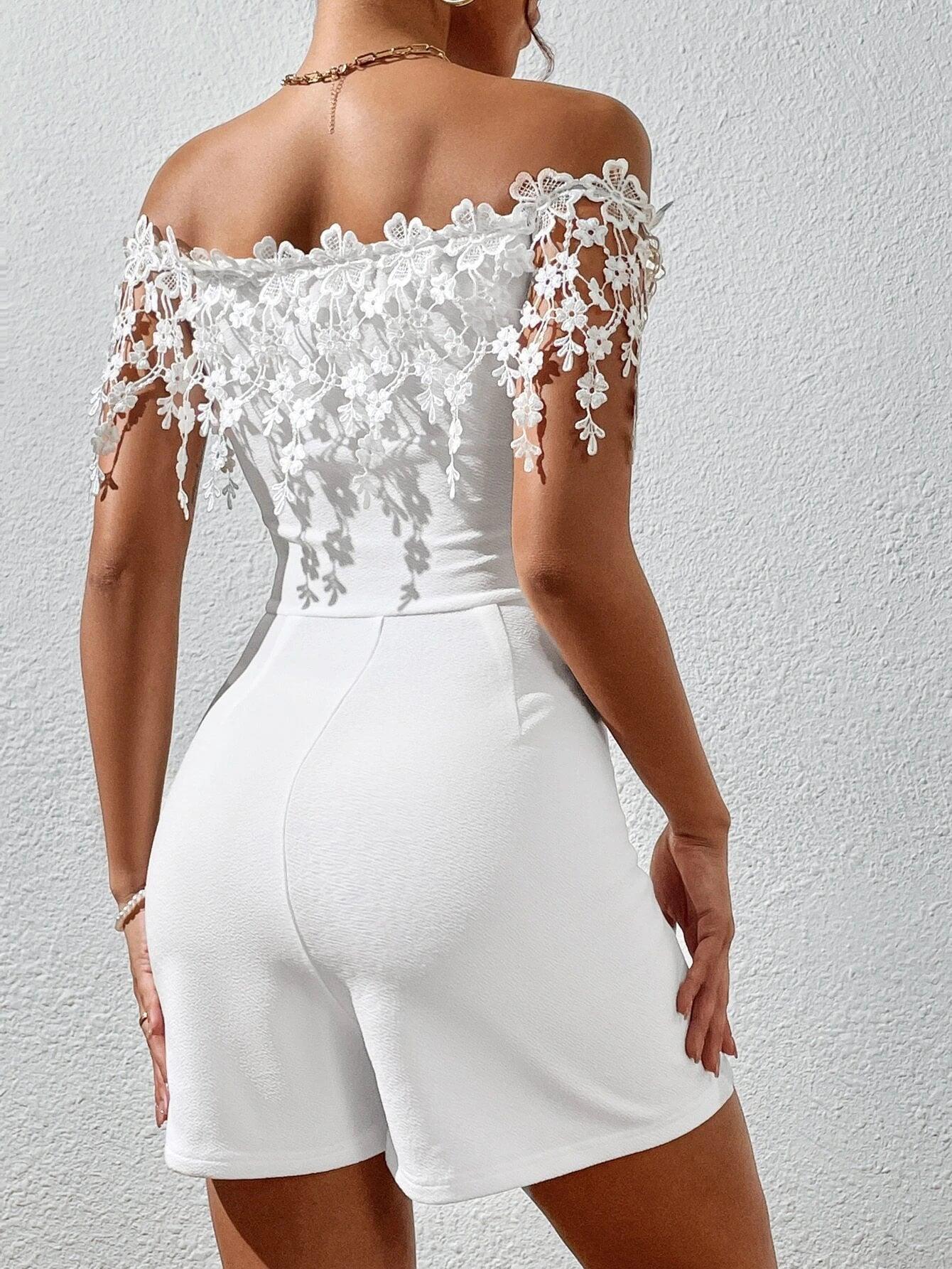 Off Shoulder Lace Appliques Romper-Comfy Jumpsuits
