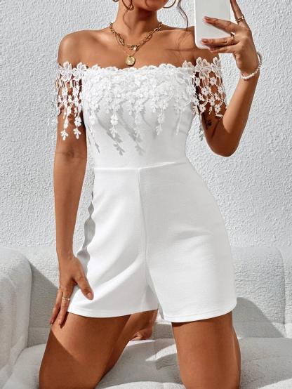 Off Shoulder Lace Appliques Romper-Comfy Jumpsuits
