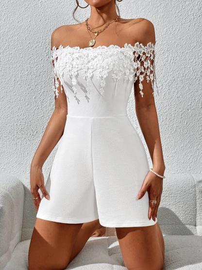 Off Shoulder Lace Appliques Romper-Comfy Jumpsuits