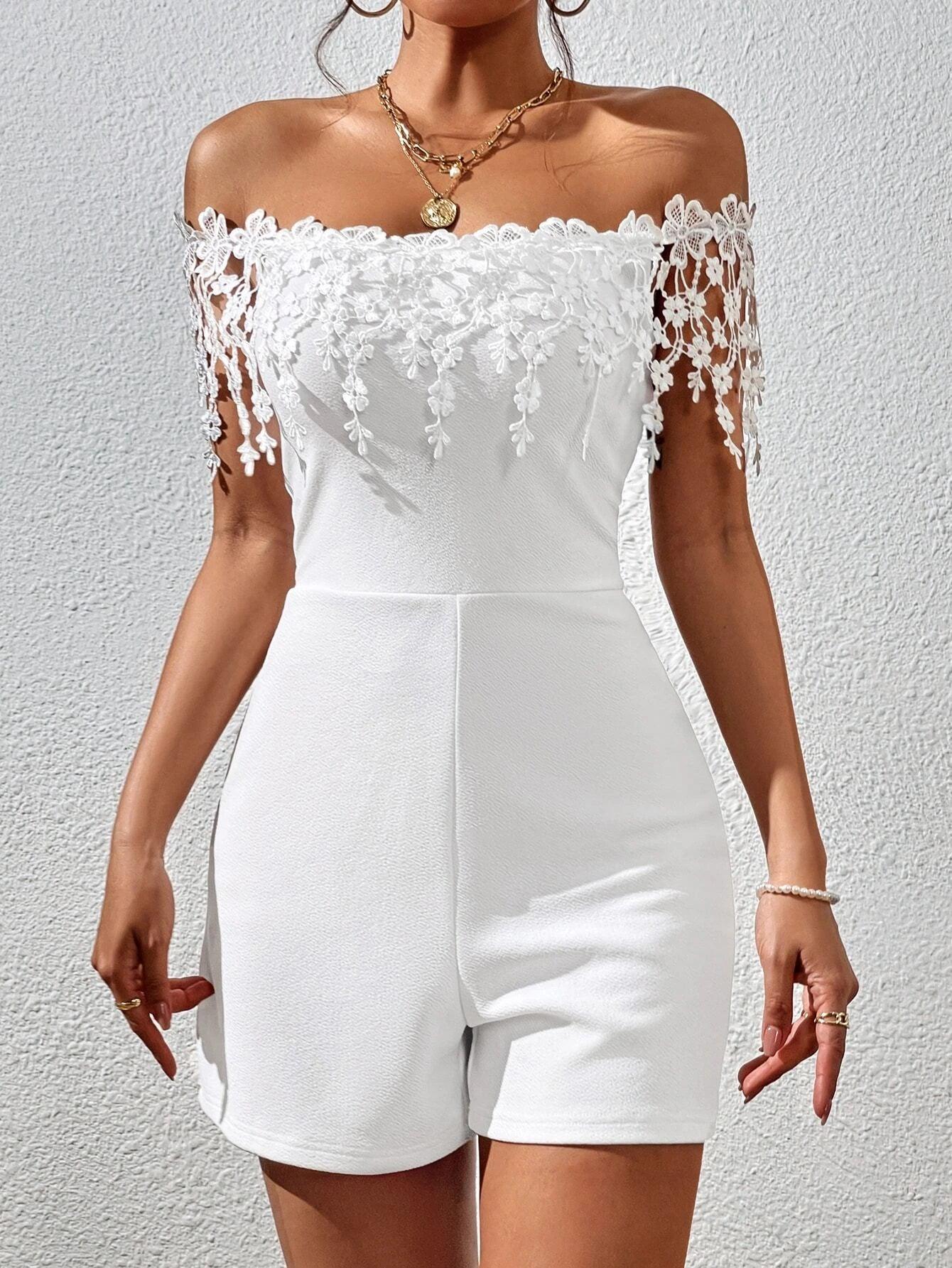 Off Shoulder Lace Appliques Romper-Comfy Jumpsuits