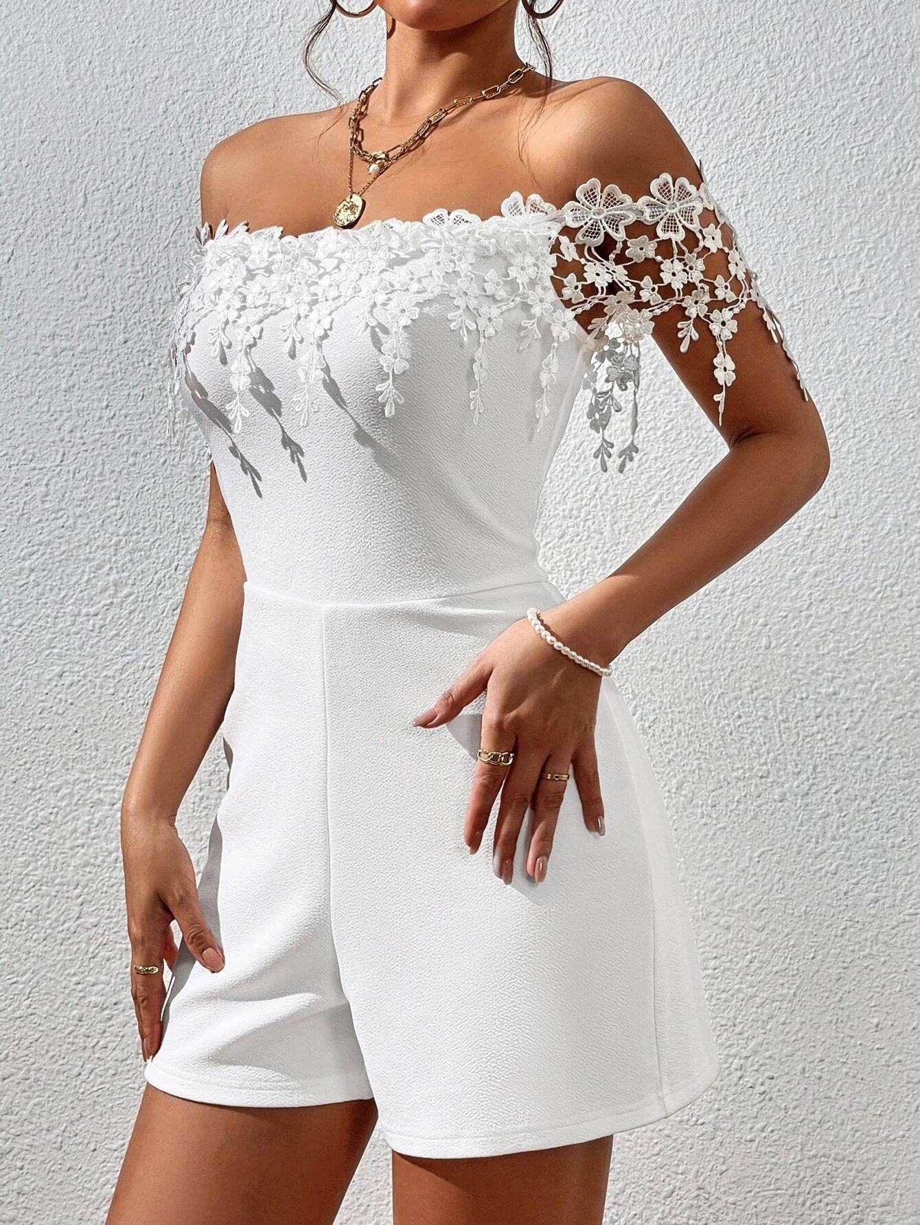 Off Shoulder Lace Appliques Romper-Comfy Jumpsuits