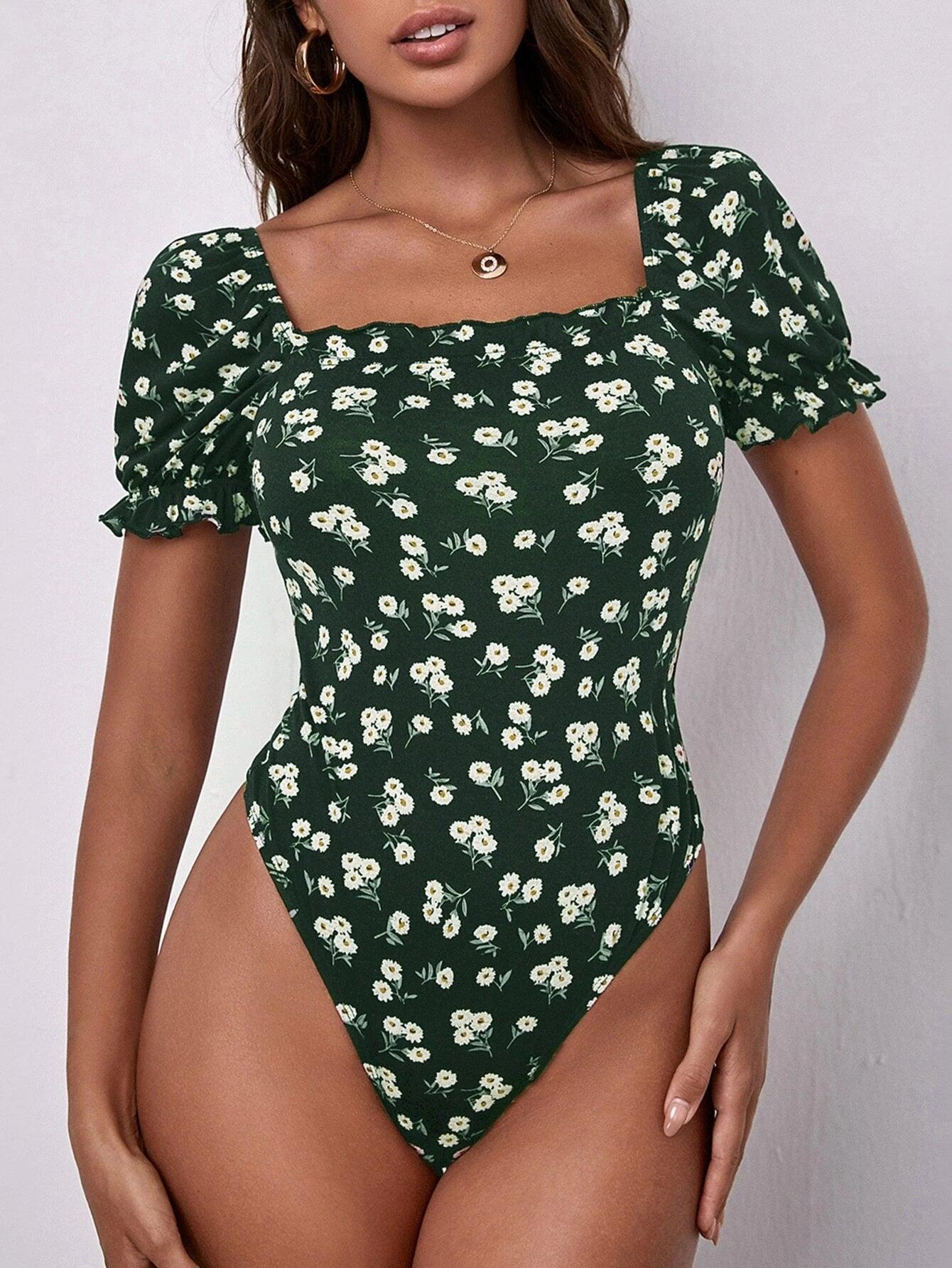 Floral Print Squared Neck Bodysuit-Comfy Jumpsuits