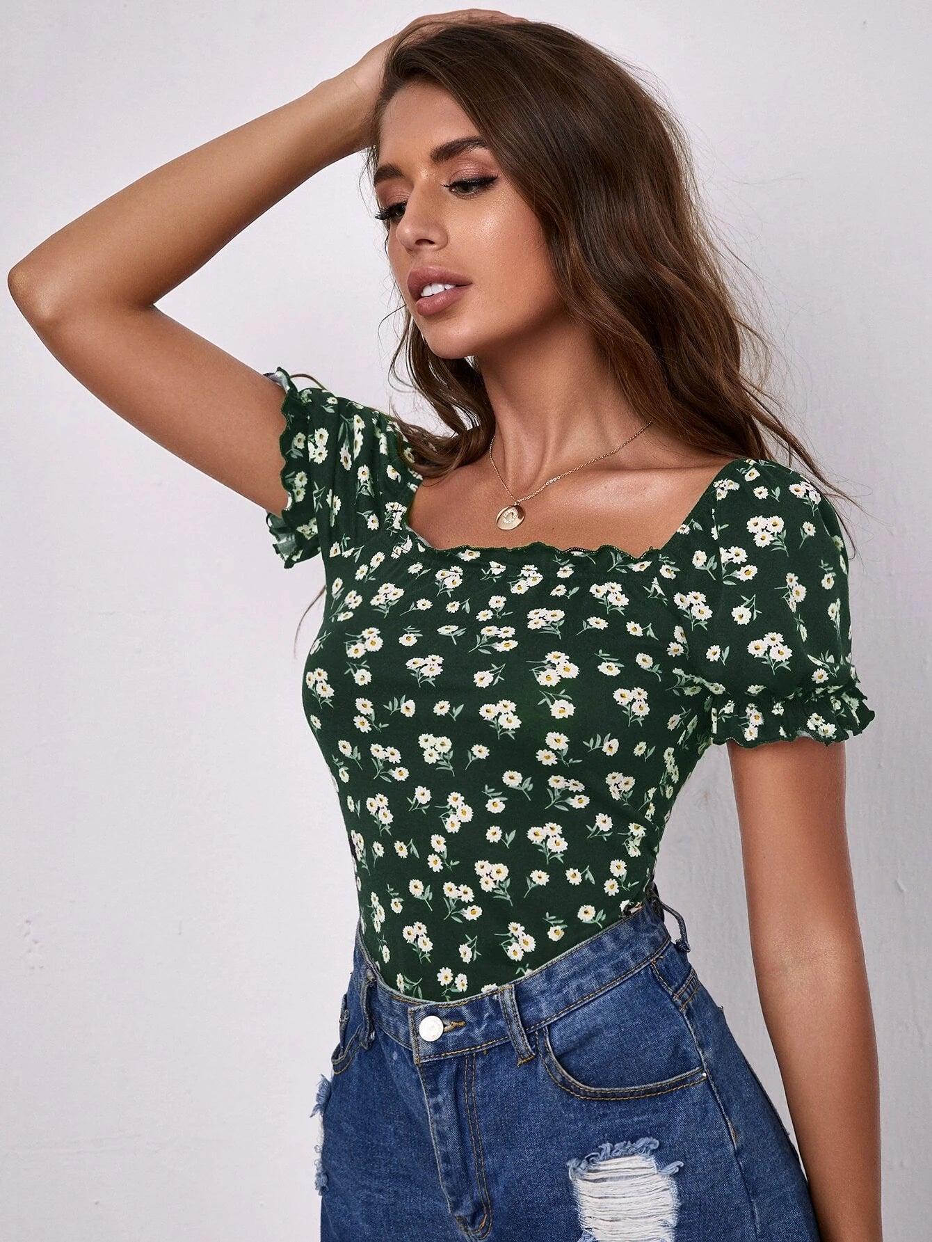 Floral Print Squared Neck Bodysuit-Comfy Jumpsuits