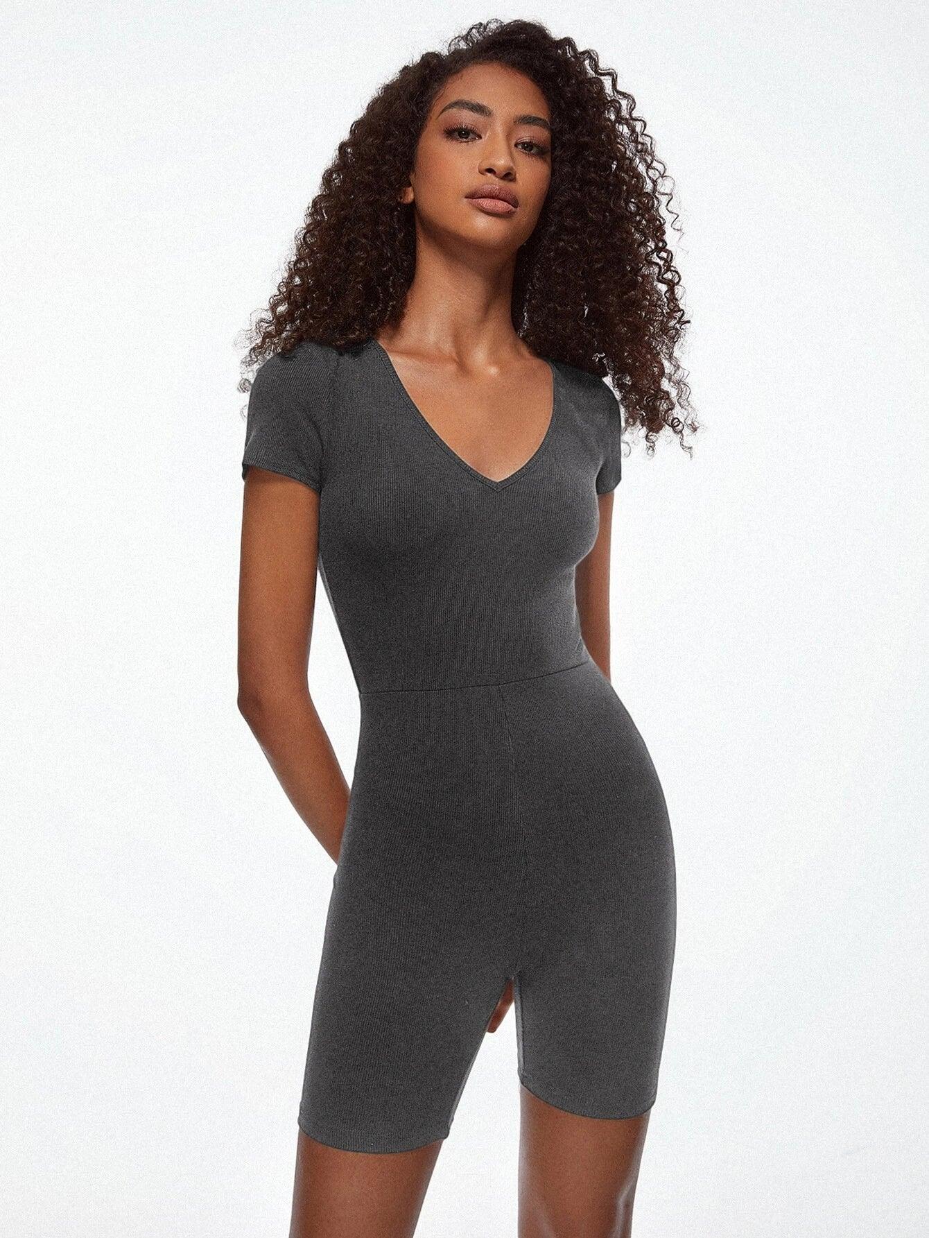 Cotton Solid V Neck Unitard Romper-Comfy Jumpsuits