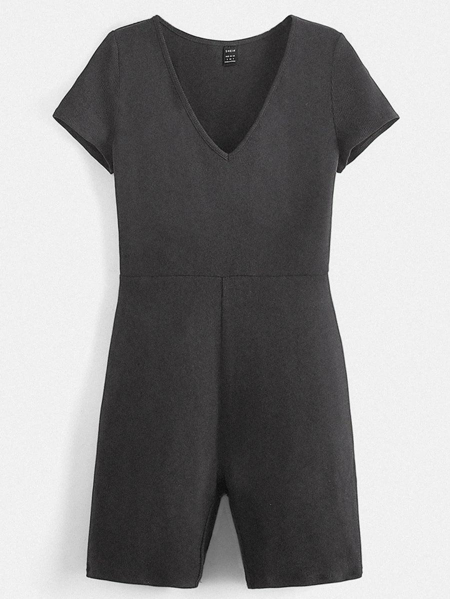 Cotton Solid V Neck Unitard Romper-Comfy Jumpsuits