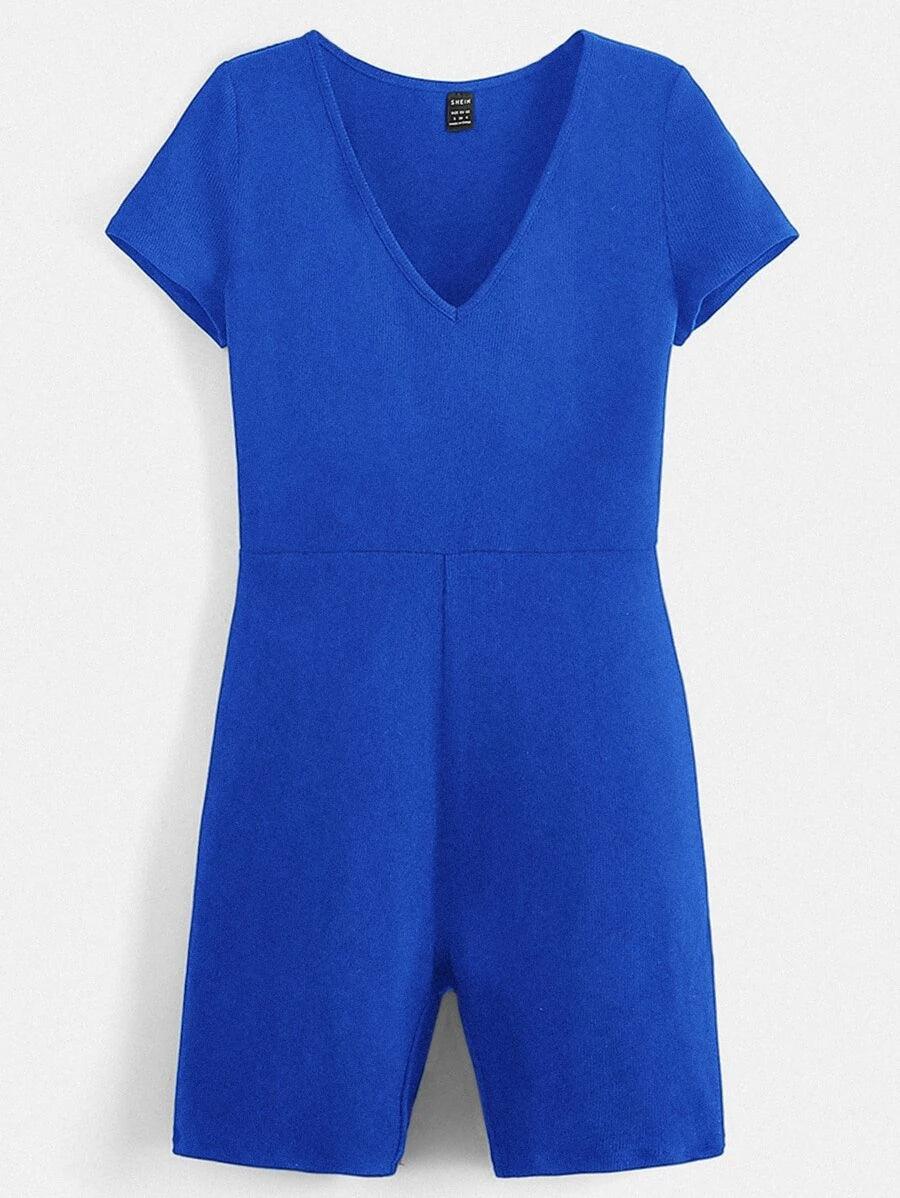 Cotton Solid V Neck Unitard Romper-Comfy Jumpsuits