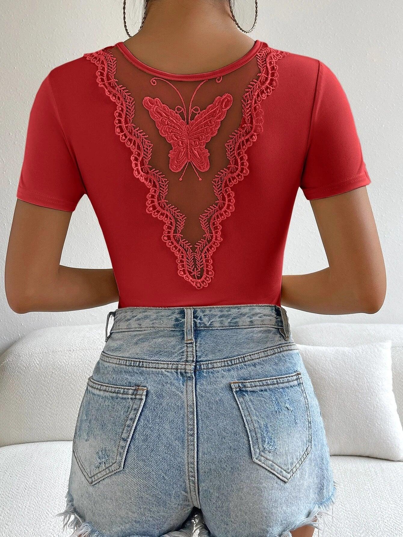 Butterfly Embroidery Contrast Lace Tee Bodysuit-Comfy Jumpsuits