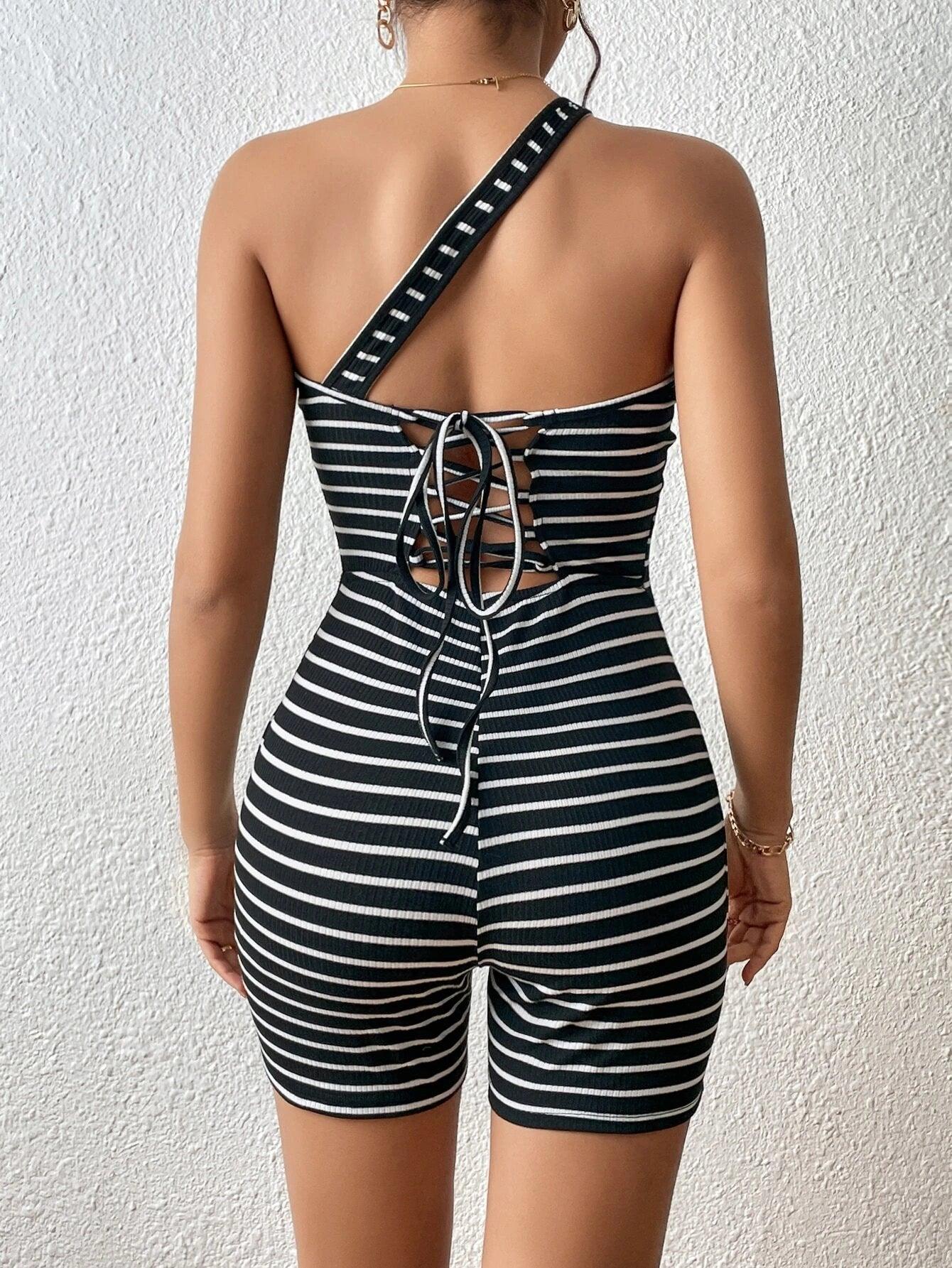 Striped One Shoulder Backless Unitard Romper-Comfy Jumpsuits