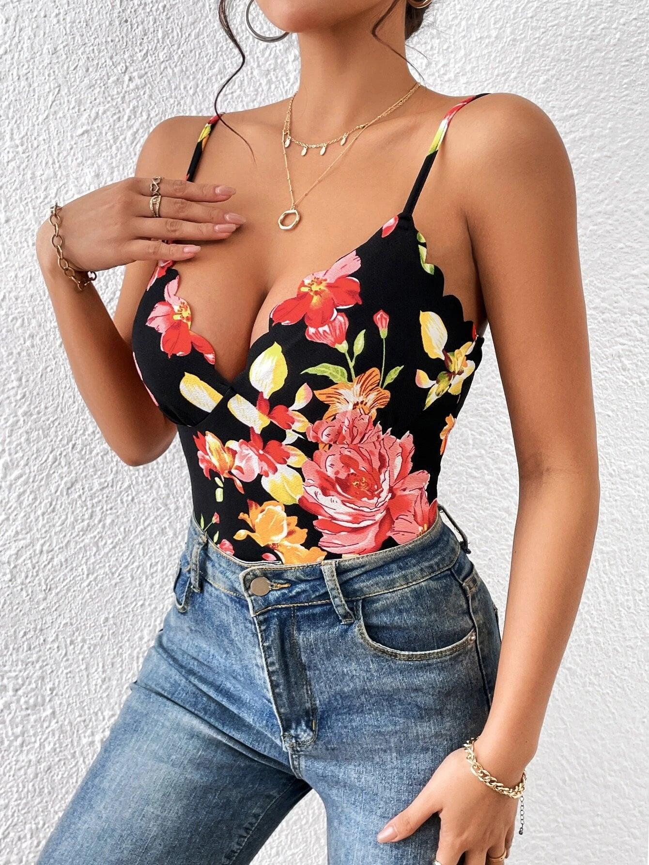 Floral Print Scallop Trim Cami Bodysuit-Comfy Jumpsuits