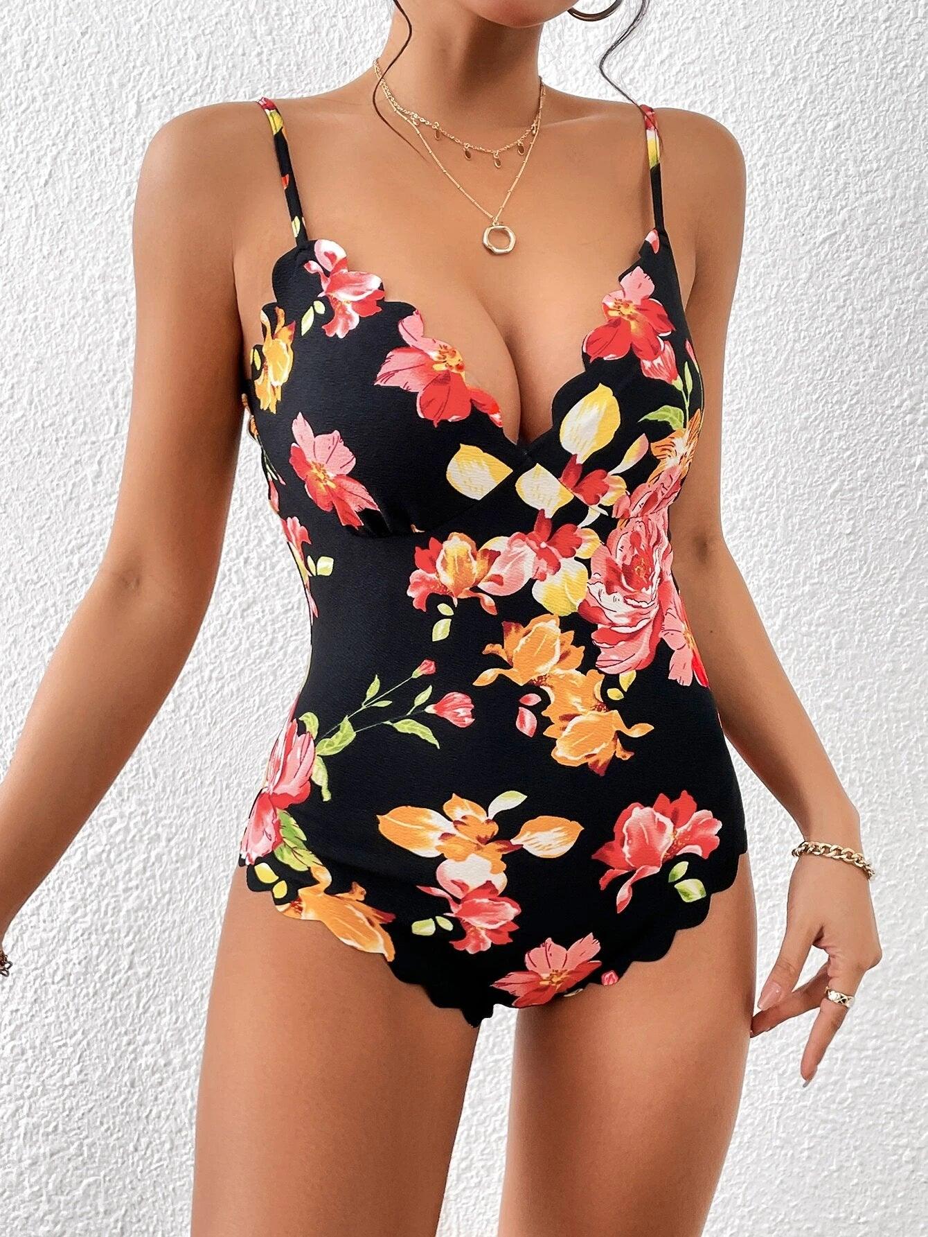 Floral Print Scallop Trim Cami Bodysuit-Comfy Jumpsuits