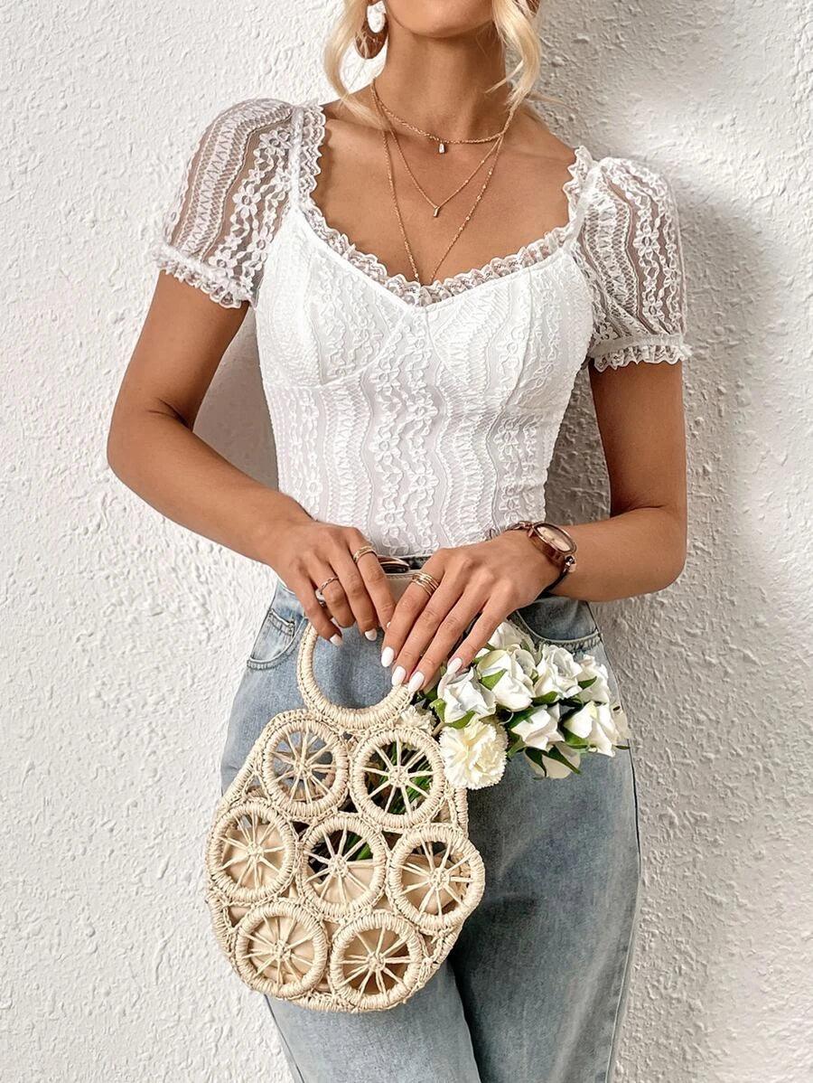 Puff Sleeves Lace Bodysuit-Comfy Jumpsuits