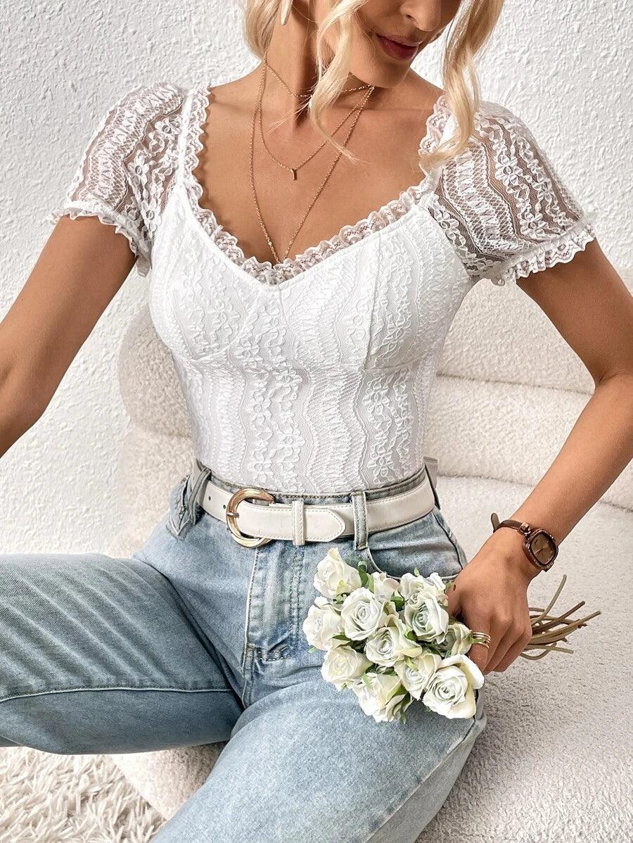 Puff Sleeves Lace Bodysuit-Comfy Jumpsuits