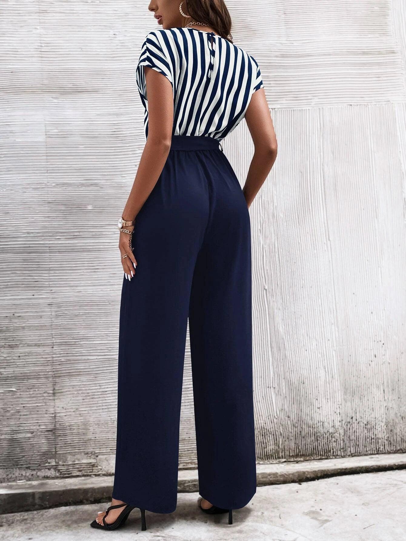 Vertical Striped Print Belted Jumpsuit-Comfy Jumpsuits