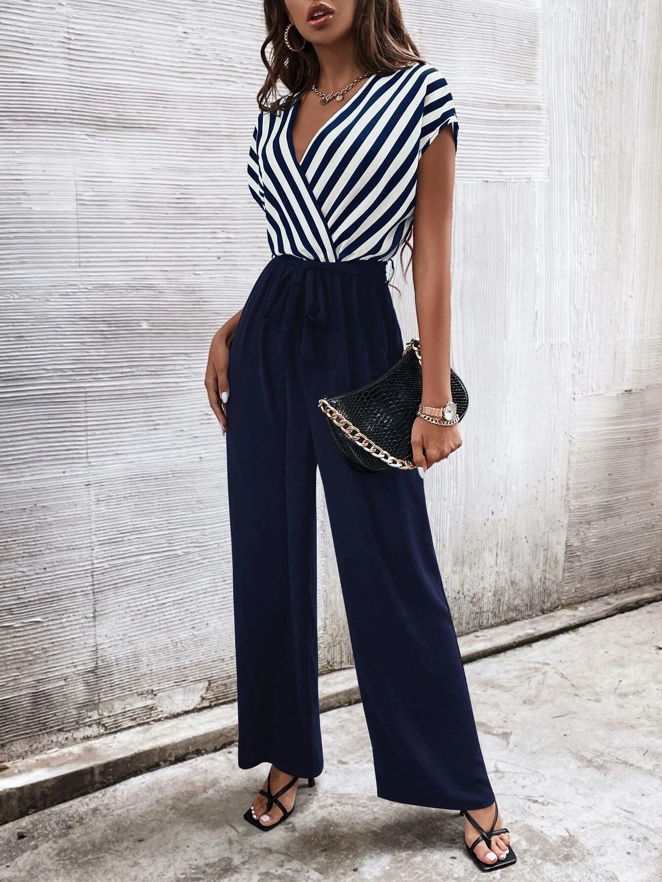 Vertical Striped Print Belted Jumpsuit-Comfy Jumpsuits