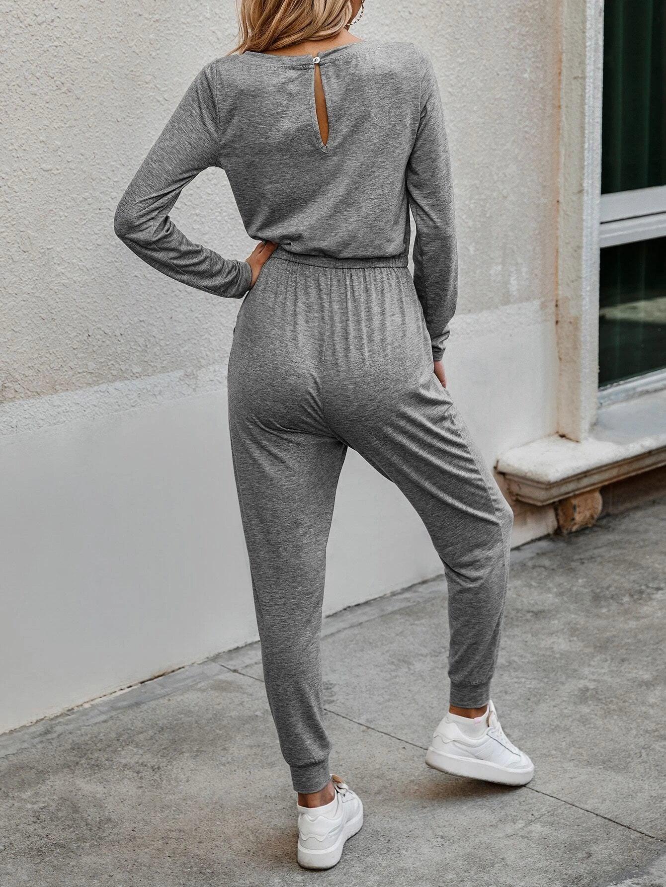 Knot Waist Solid Jumpsuit-Comfy Jumpsuits