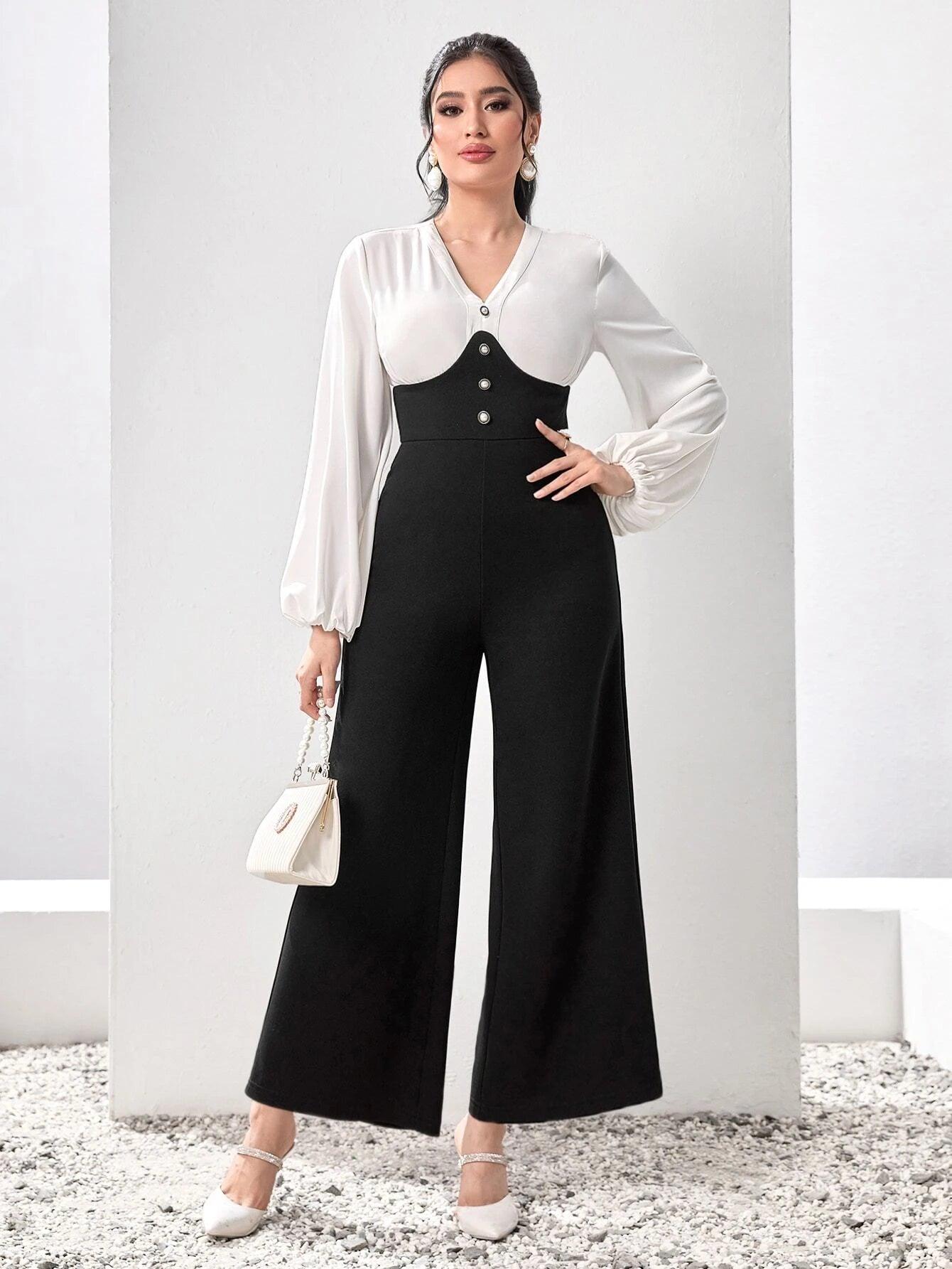 Two Tone Lantern Sleeve Wide Leg Jumpsuit-Comfy Jumpsuits