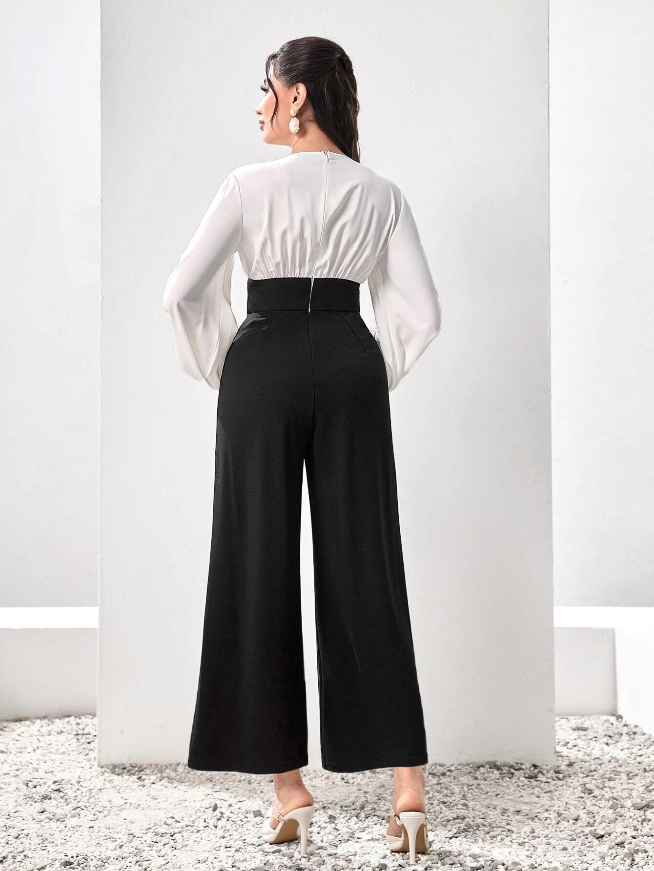 Two Tone Lantern Sleeve Wide Leg Jumpsuit-Comfy Jumpsuits