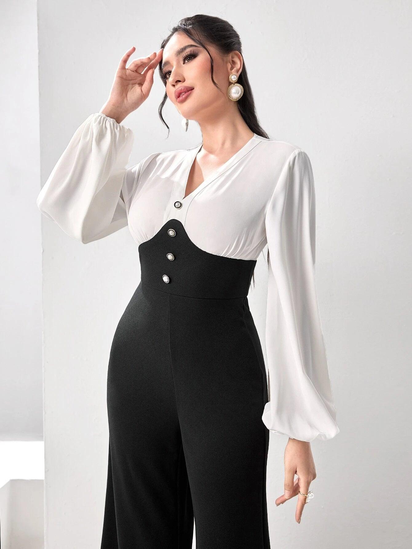 Two Tone Lantern Sleeve Wide Leg Jumpsuit-Comfy Jumpsuits