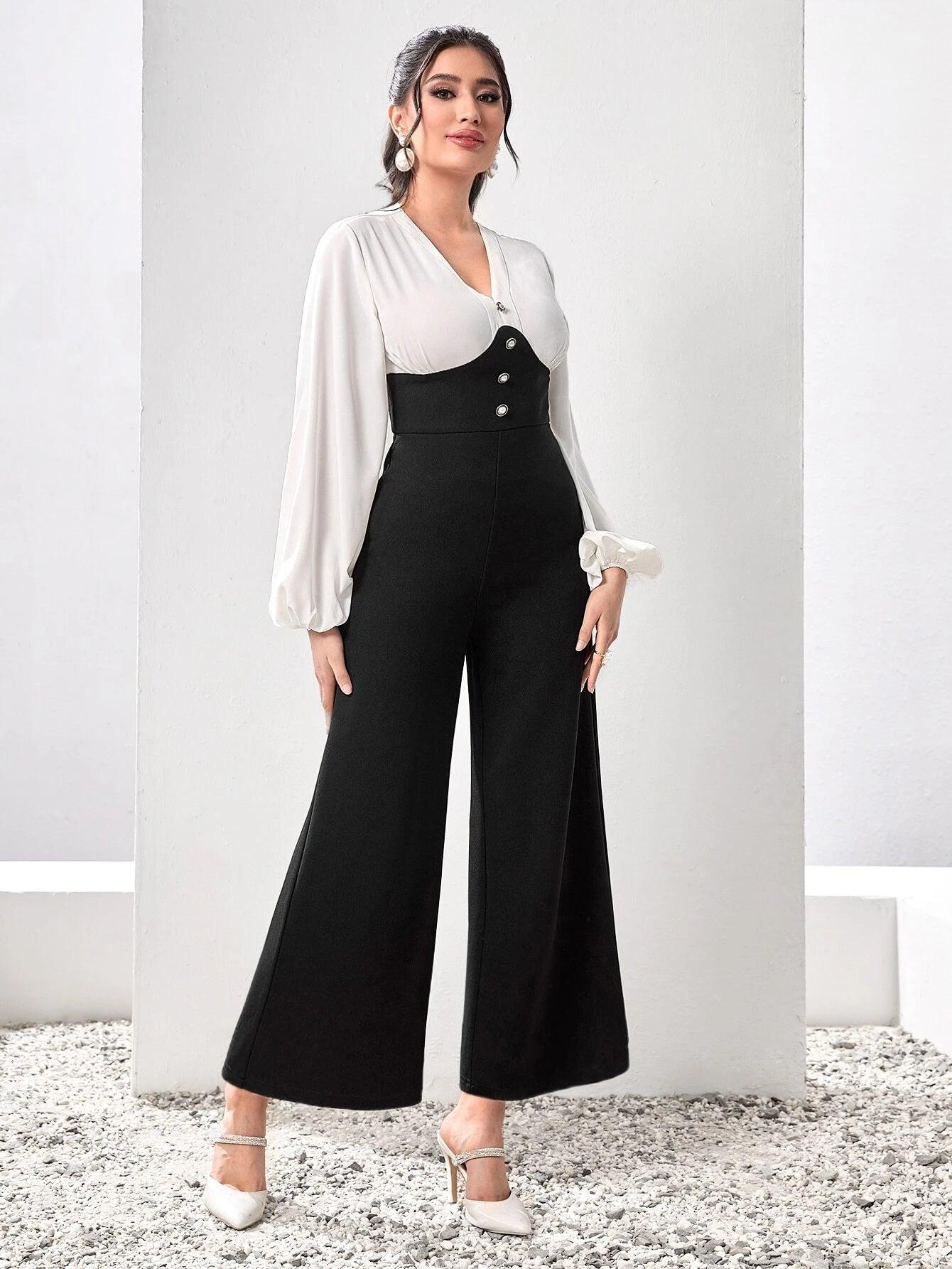 Two Tone Lantern Sleeve Wide Leg Jumpsuit-Comfy Jumpsuits