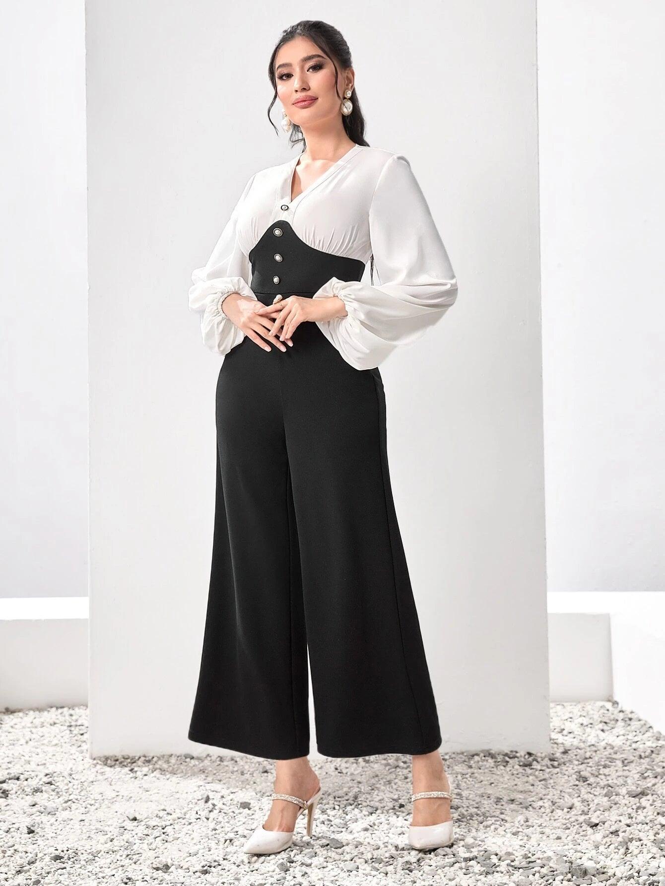 Two Tone Lantern Sleeve Wide Leg Jumpsuit-Comfy Jumpsuits