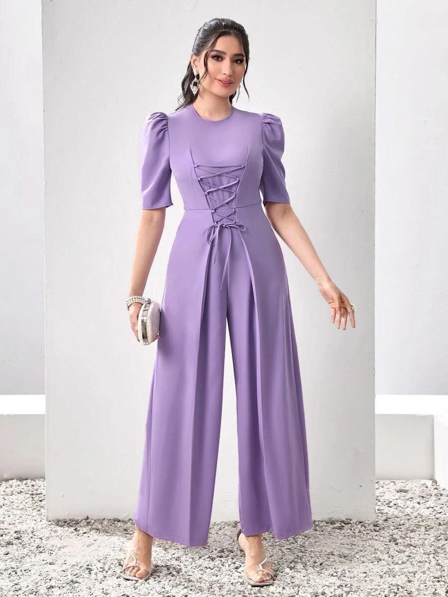 Puff Sleeve Lace Up Front Wide Leg Jumpsuit-Comfy Jumpsuits