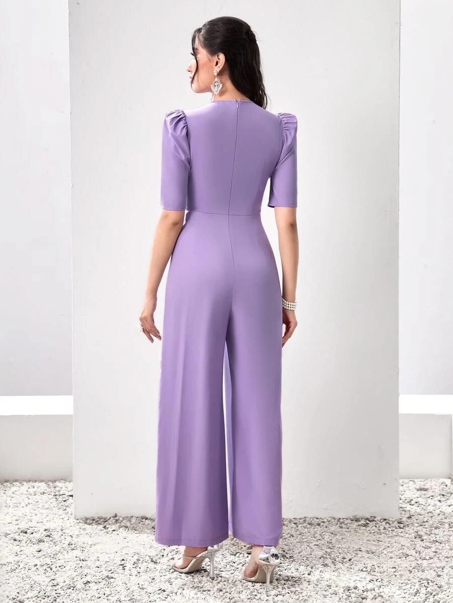 Puff Sleeve Lace Up Front Wide Leg Jumpsuit-Comfy Jumpsuits