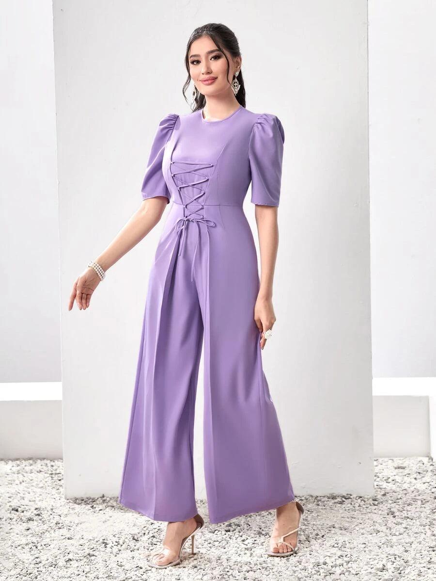 Puff Sleeve Lace Up Front Wide Leg Jumpsuit-Comfy Jumpsuits