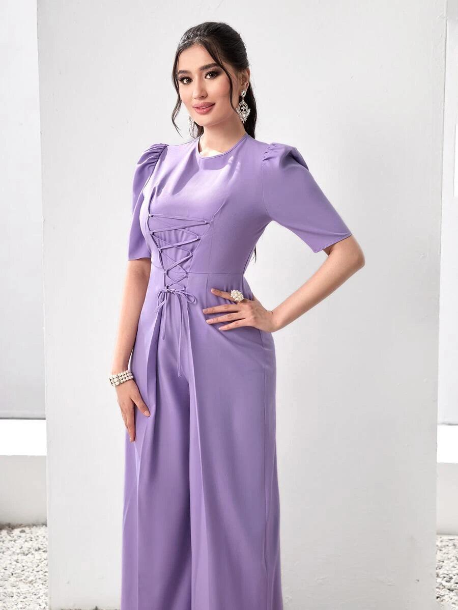 Puff Sleeve Lace Up Front Wide Leg Jumpsuit-Comfy Jumpsuits