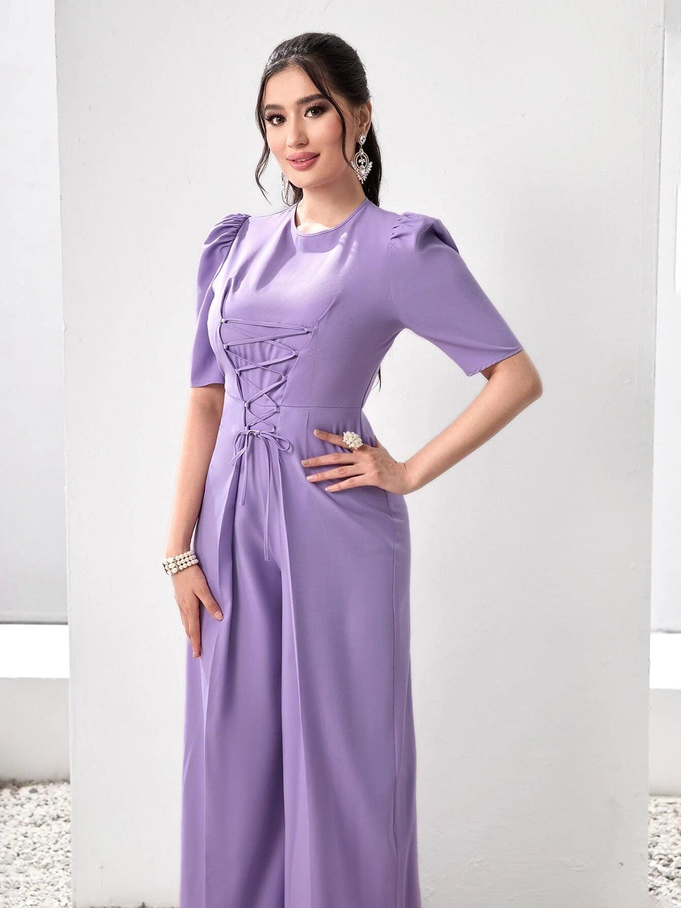 Puff Sleeve Lace Up Front Wide Leg Jumpsuit-Comfy Jumpsuits