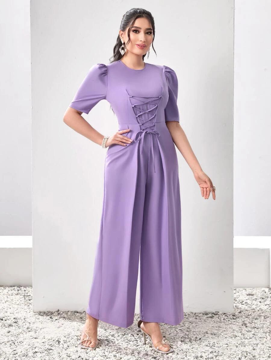 Puff Sleeve Lace Up Front Wide Leg Jumpsuit-Comfy Jumpsuits