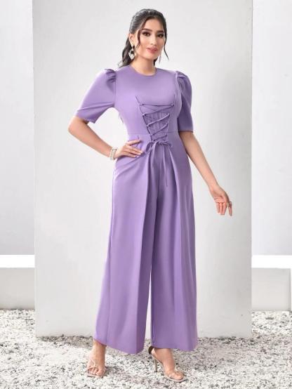 Puff Sleeve Lace Up Front Wide Leg Jumpsuit-Comfy Jumpsuits