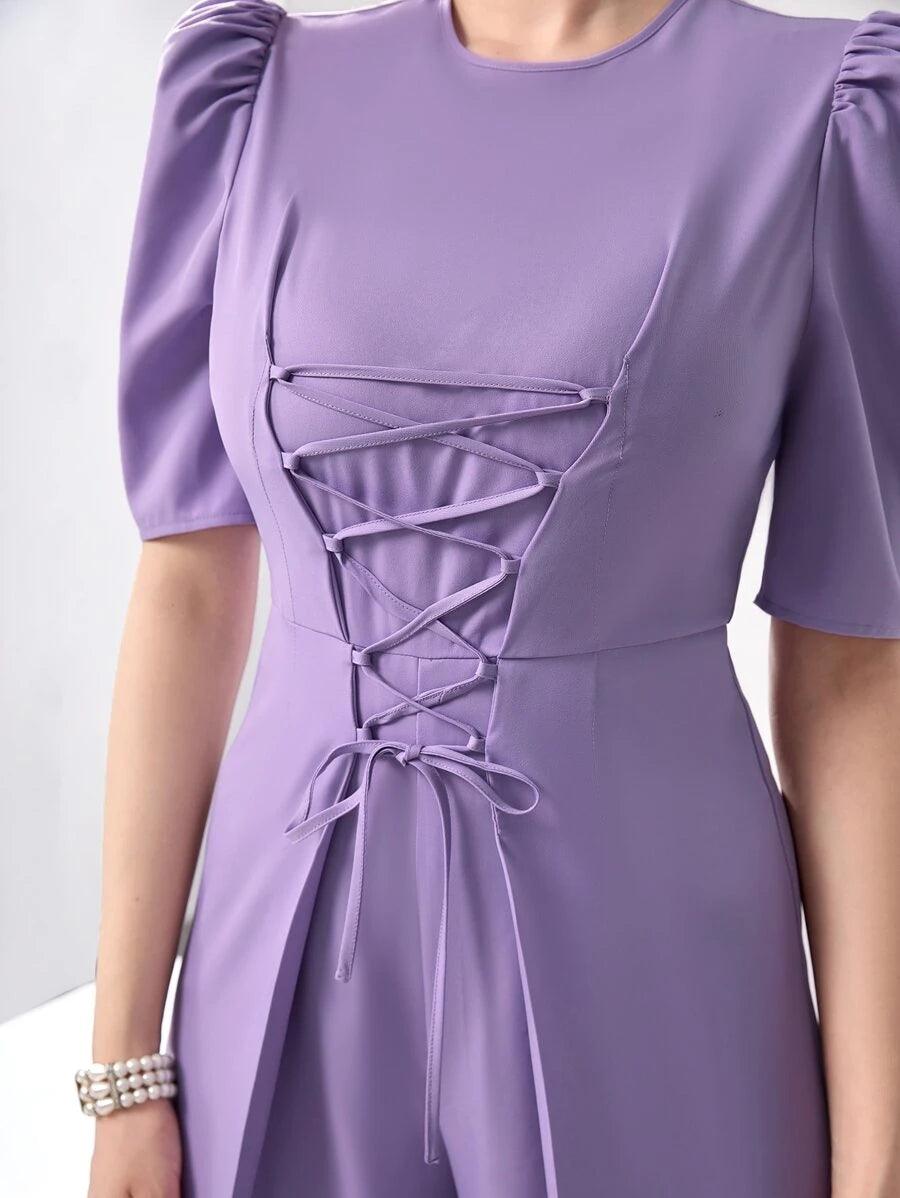 Puff Sleeve Lace Up Front Wide Leg Jumpsuit-Comfy Jumpsuits
