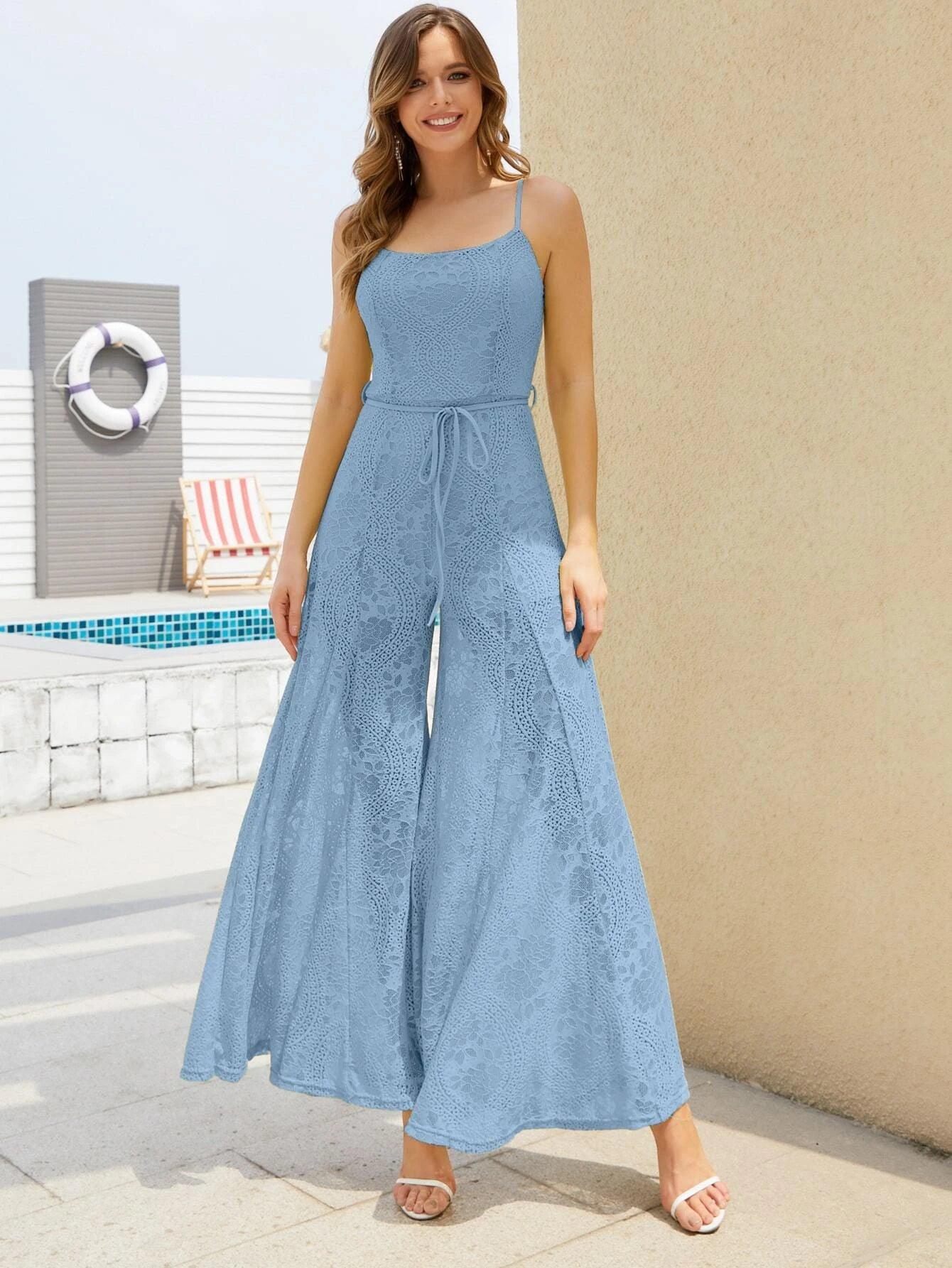 Wide Leg Belted Lace Cami Jumpsuit-Comfy Jumpsuits