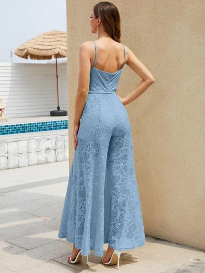 Wide Leg Belted Lace Cami Jumpsuit-Comfy Jumpsuits