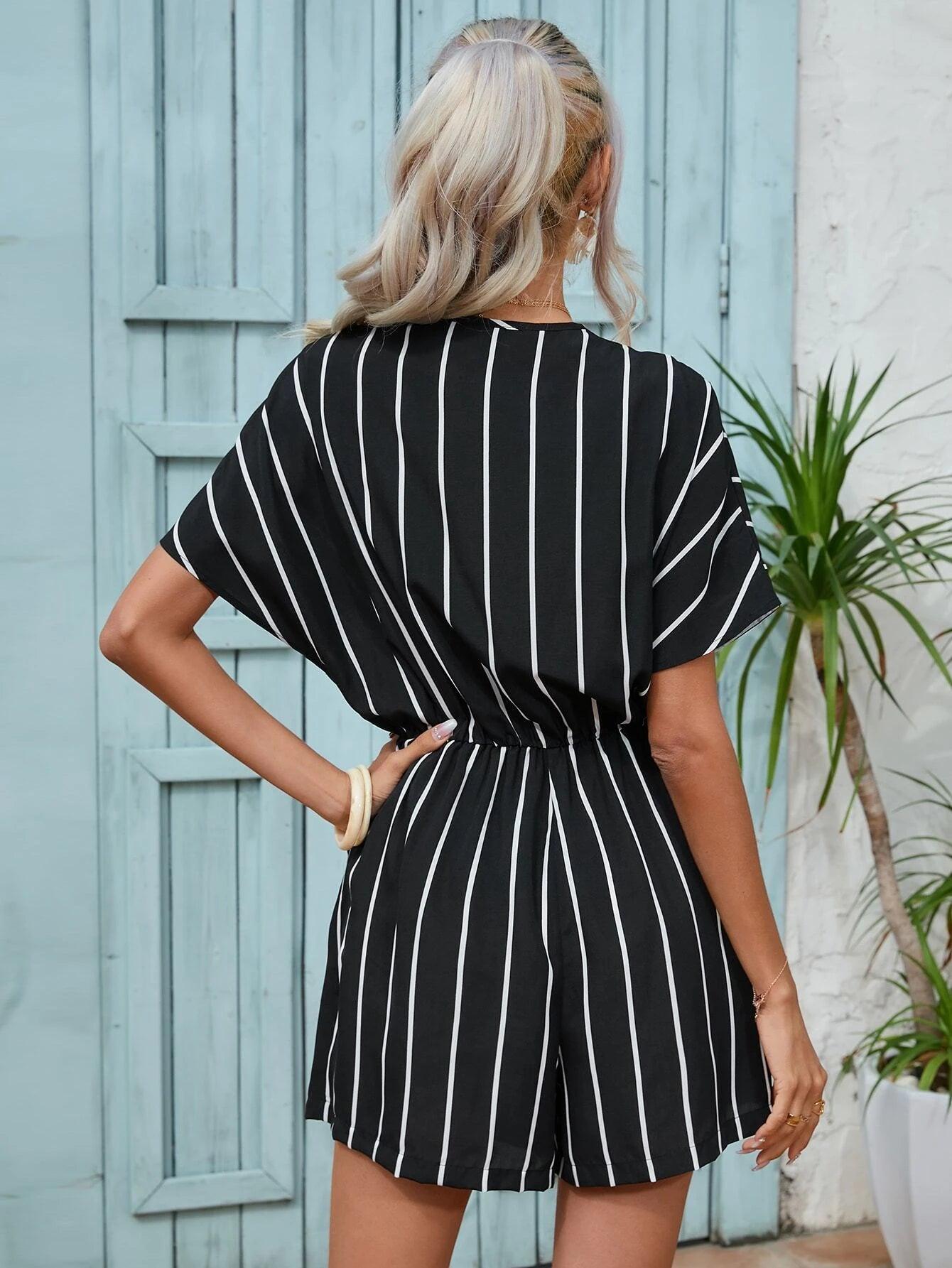Striped Print Short Sleeve V Neck Romper-Comfy Jumpsuits