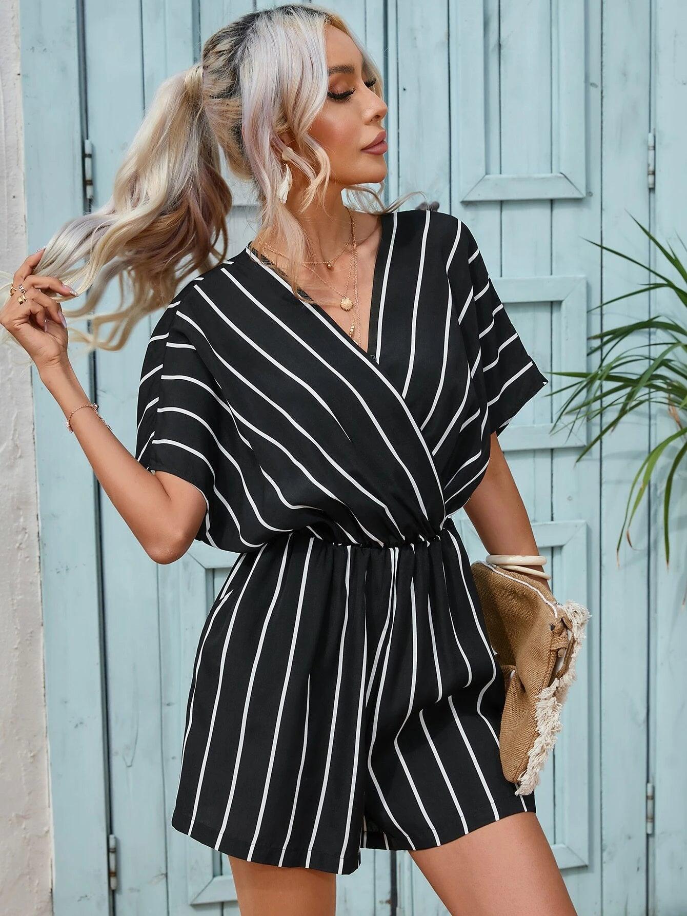 Striped Print Short Sleeve V Neck Romper-Comfy Jumpsuits