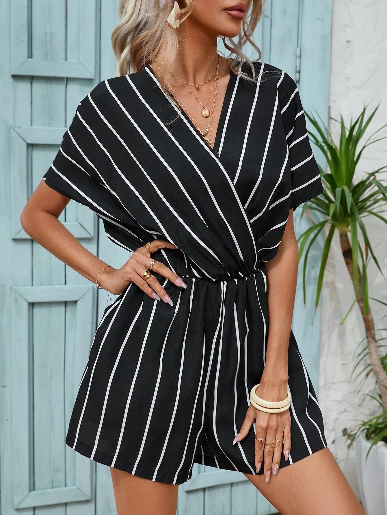 Striped Print Short Sleeve V Neck Romper-Comfy Jumpsuits