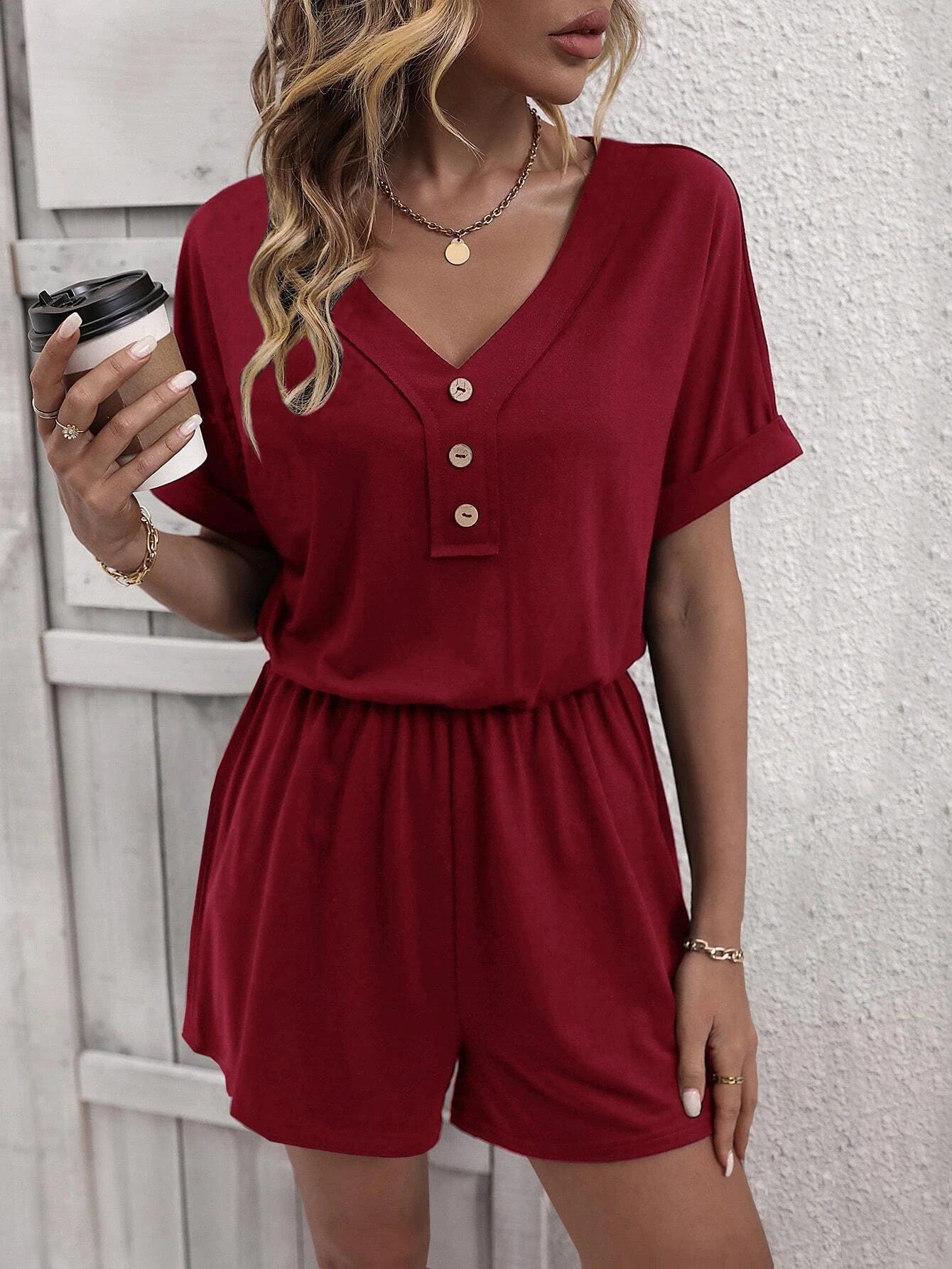 Solid Button Front Tee Romper-Comfy Jumpsuits