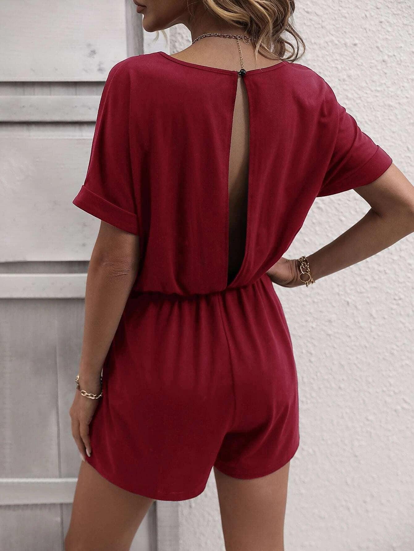 Solid Button Front Tee Romper-Comfy Jumpsuits