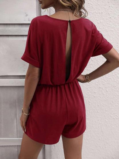 Solid Button Front Tee Romper-Comfy Jumpsuits