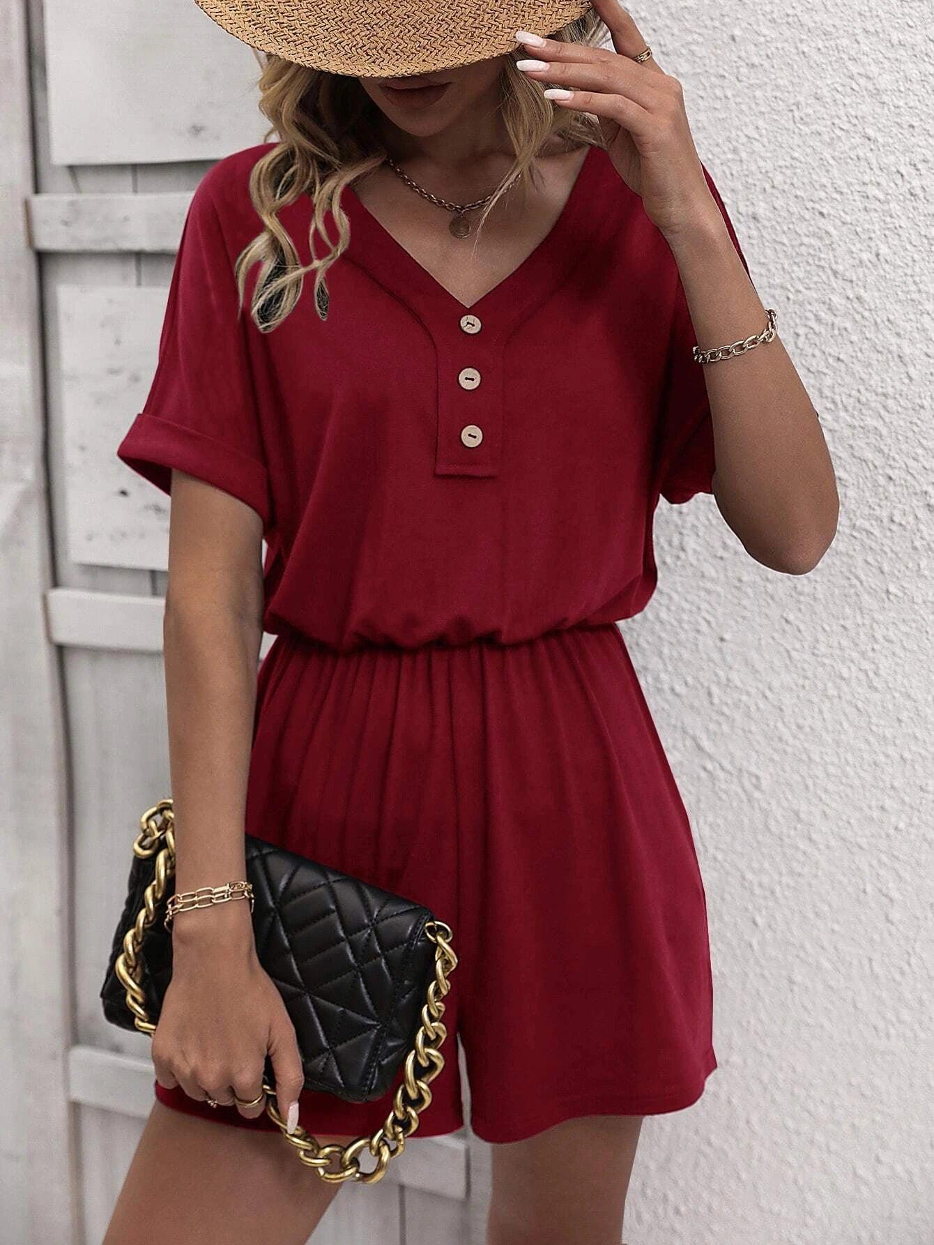 Solid Button Front Tee Romper-Comfy Jumpsuits