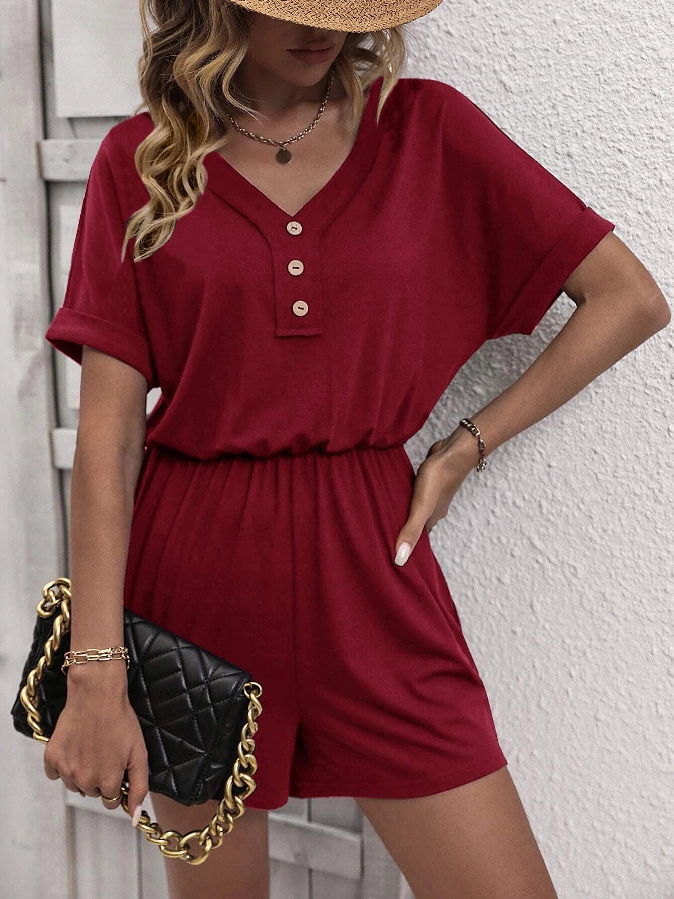 Solid Button Front Tee Romper-Comfy Jumpsuits