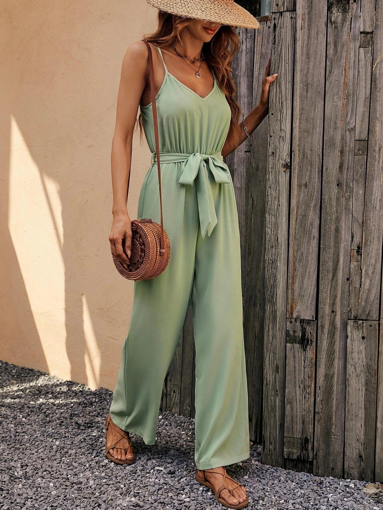 Solid Colored Cami Jumpsuit With Belt-Comfy Jumpsuits