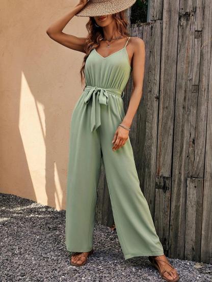 Solid Colored Cami Jumpsuit With Belt-Comfy Jumpsuits