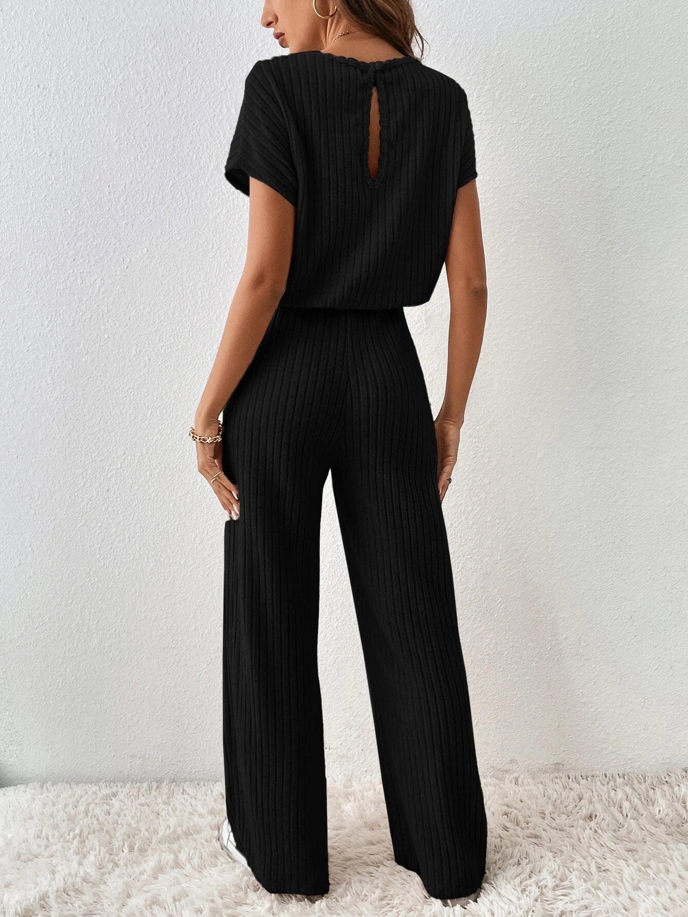 Ribbed Knit Back Jumpsuit-Comfy Jumpsuits