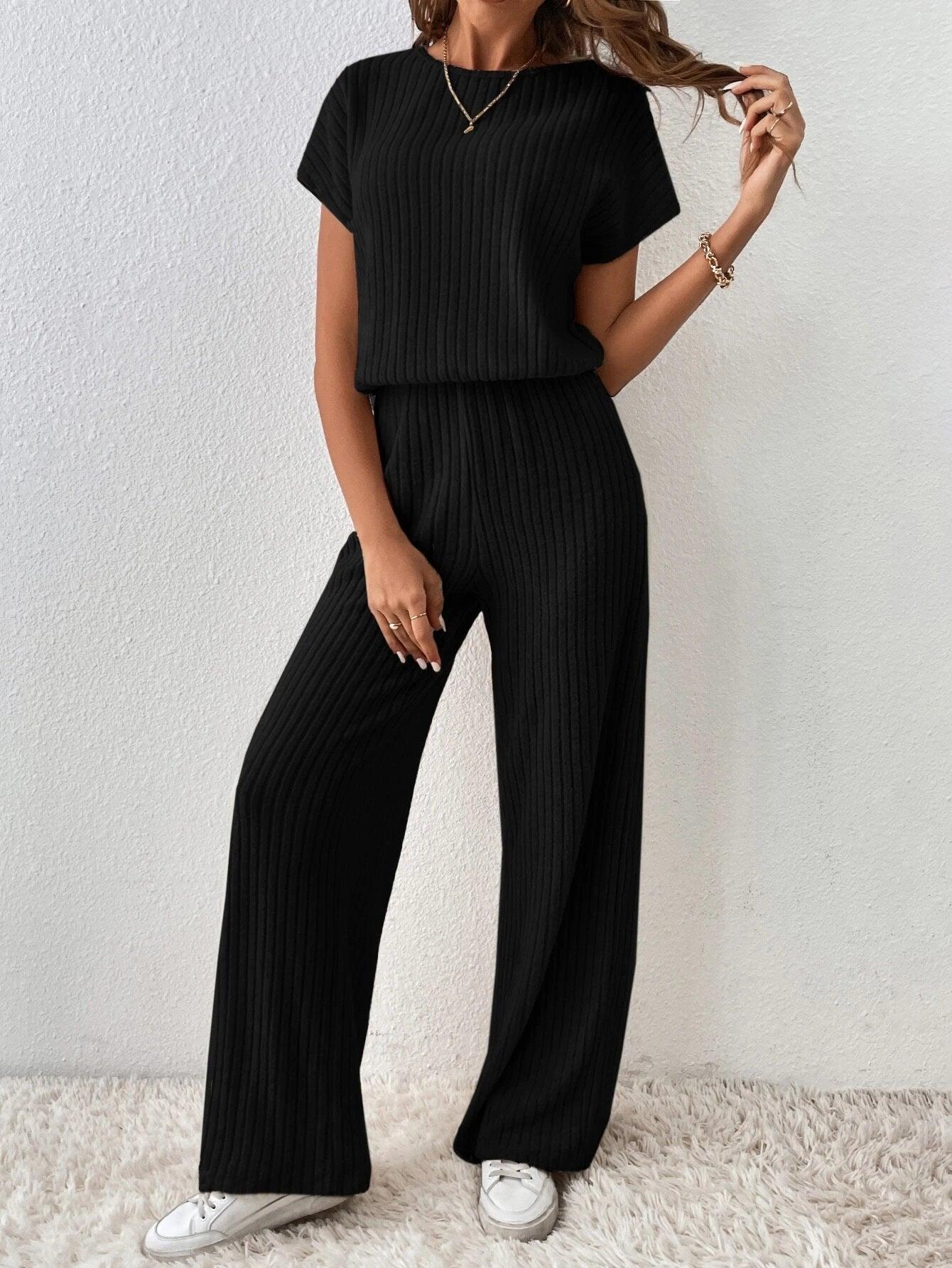 Ribbed Knit Back Jumpsuit-Comfy Jumpsuits