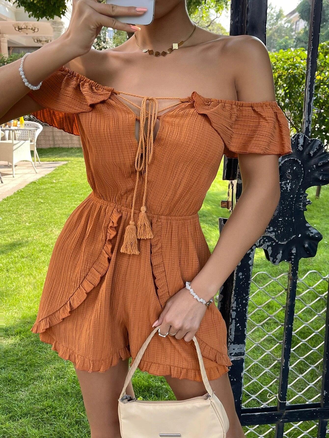 Off Shoulder Tassel Tie Front Frill Trim Romper-Comfy Jumpsuits