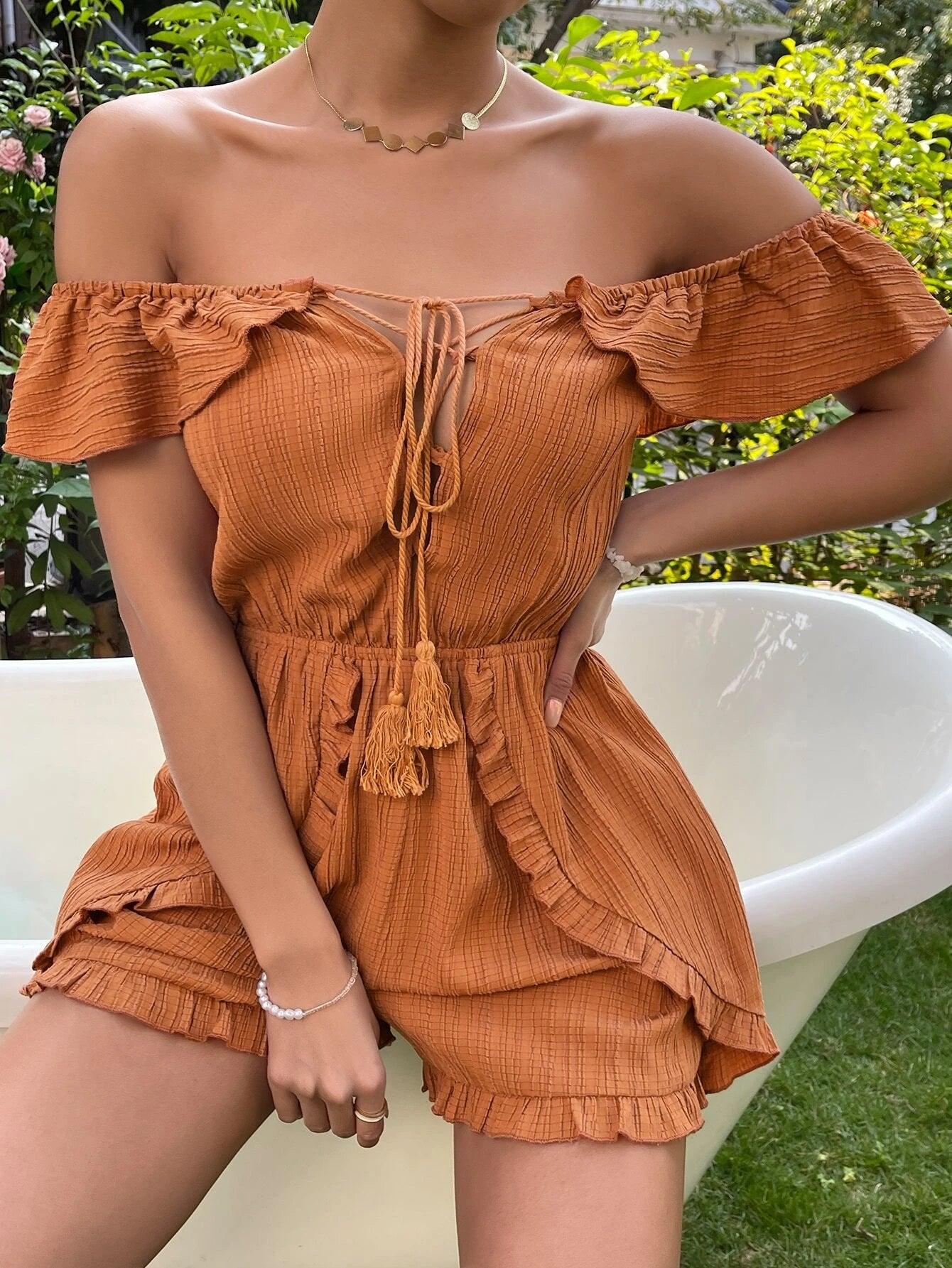 Off Shoulder Tassel Tie Front Frill Trim Romper-Comfy Jumpsuits