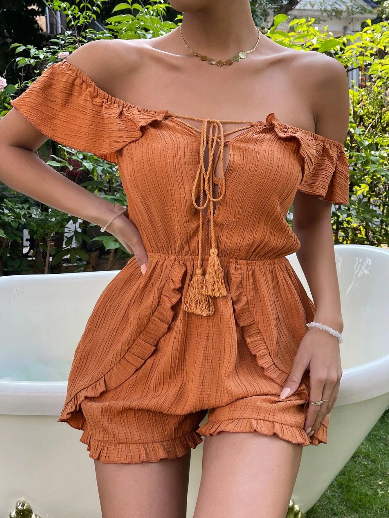 Off Shoulder Tassel Tie Front Frill Trim Romper-Comfy Jumpsuits
