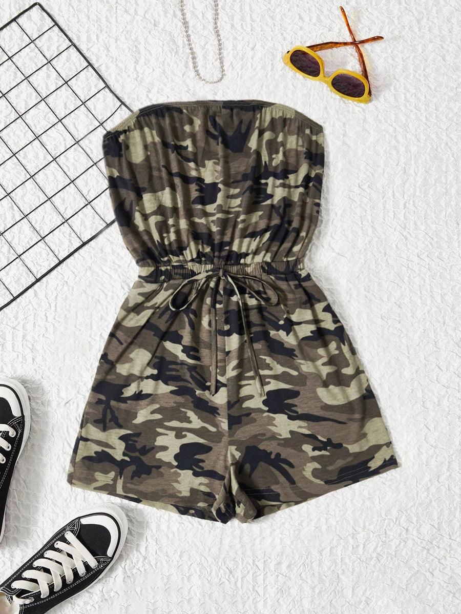 Camo Print Knot Elastic Waist Tube Romper-Comfy Jumpsuits